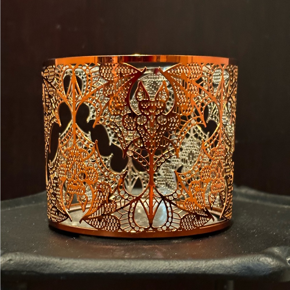Bath and Body Works Halloween Lace  Candle Holder. Copper Orange Bat Metal Lace.